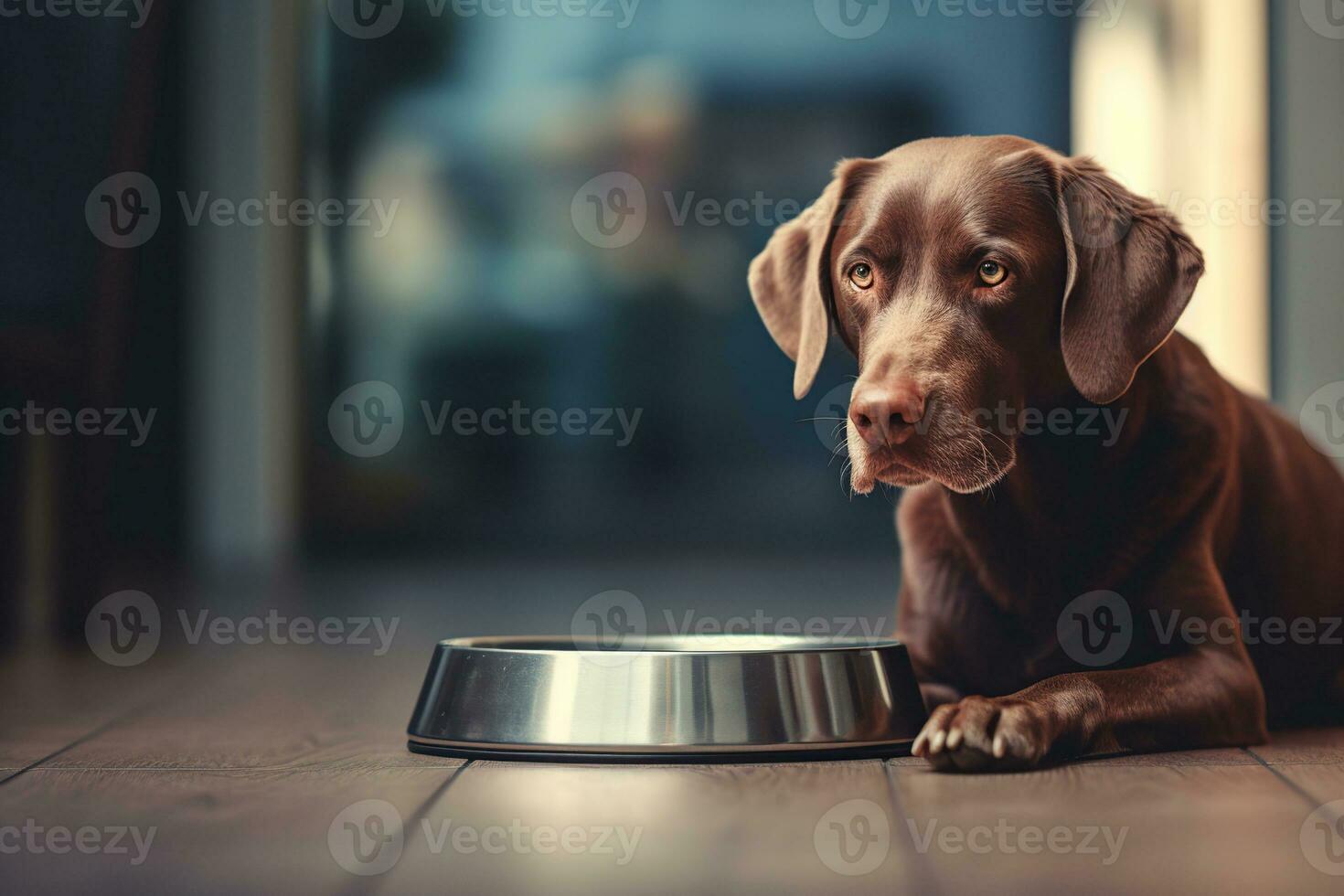 ai généré Labrador chien attendre à manger avec vide bol photo