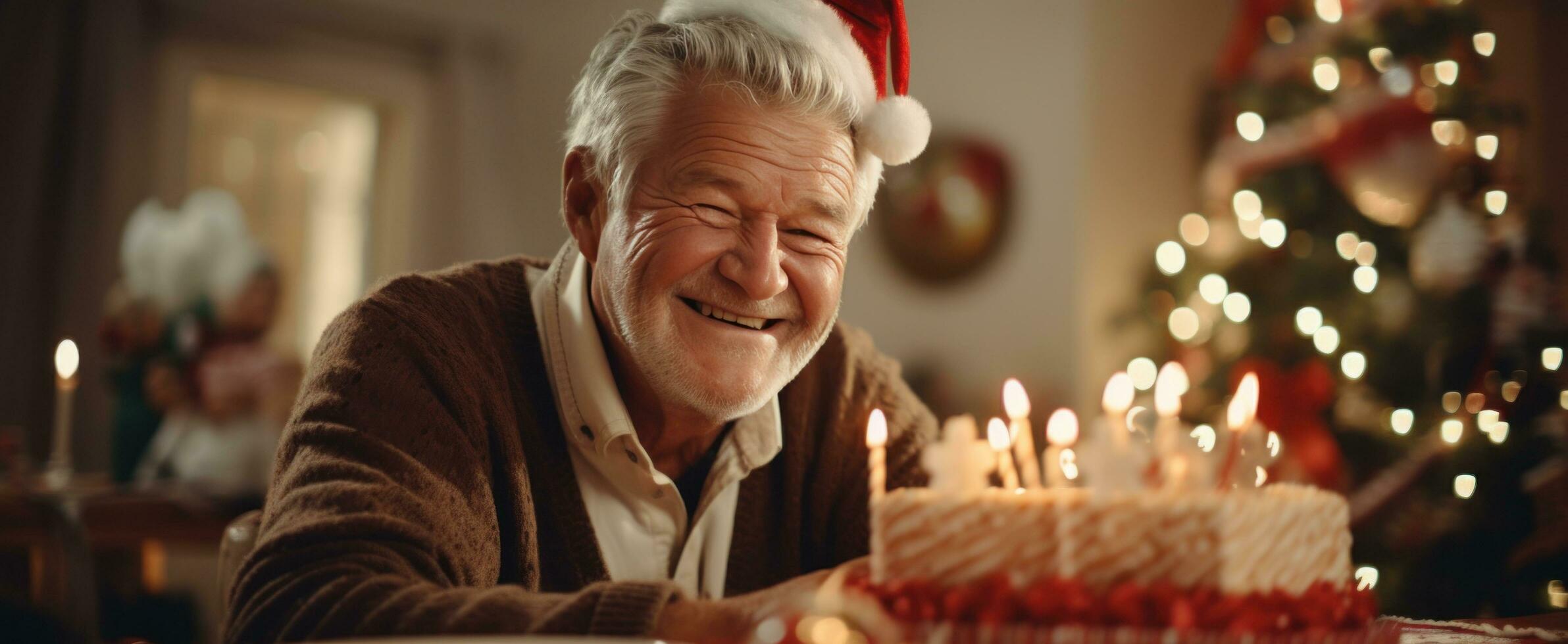 ai généré plus âgée femme et plus âgée homme profiter Noël repas à table photo