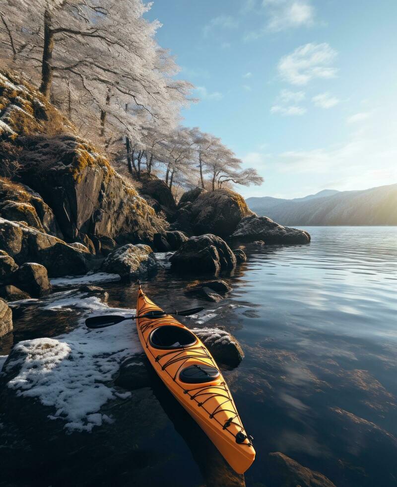 ai généré kayak sur loch ness lac, neigeux et glacé, hiver paysage photo