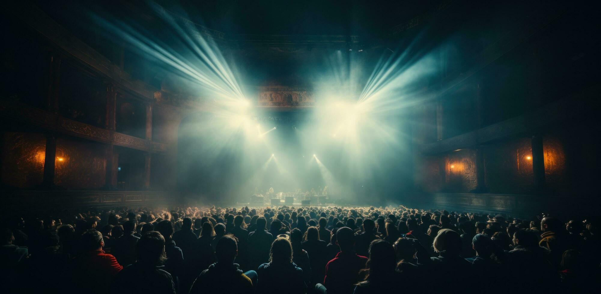 ai généré foule à concert allumé en haut lumière poutres photo