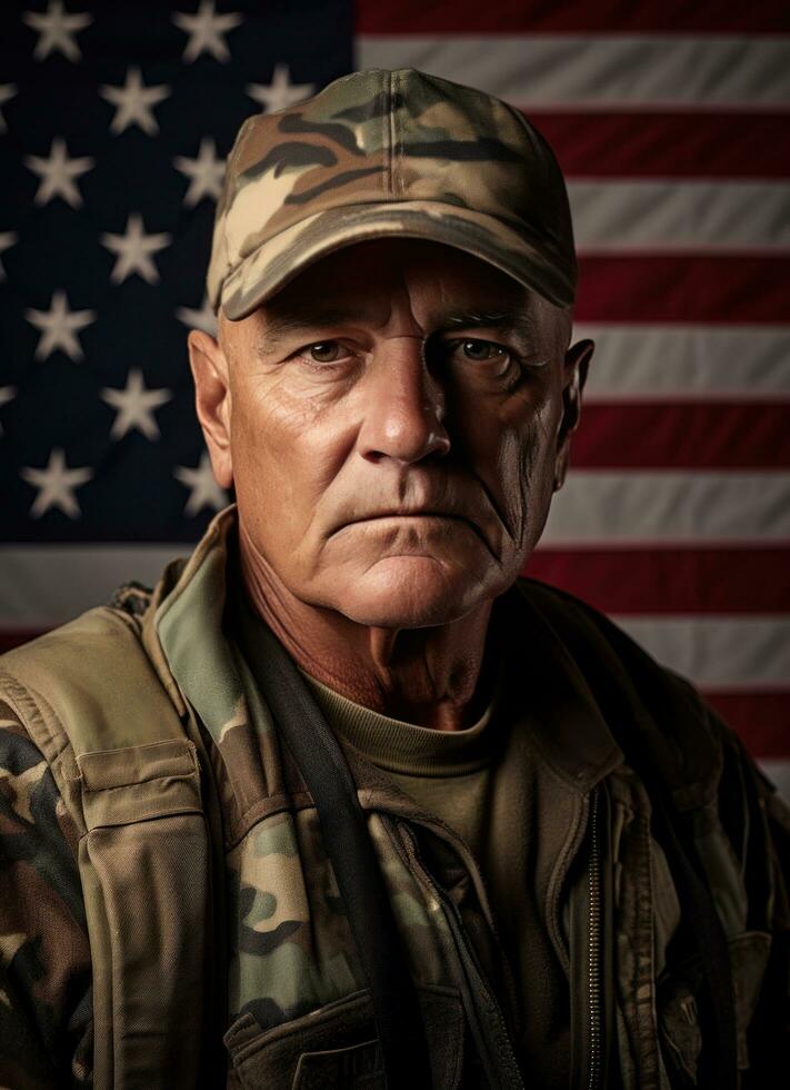 ai généré une homme dans militaire mode dans de face de un américain drapeau photo