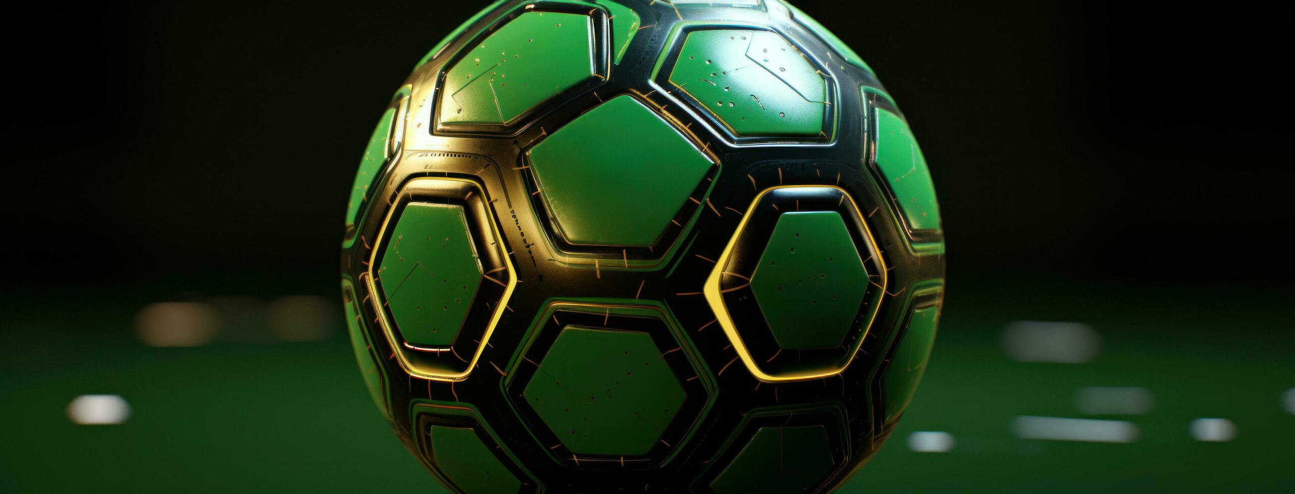 ai généré le futuriste football Balle a une vert garniture photo