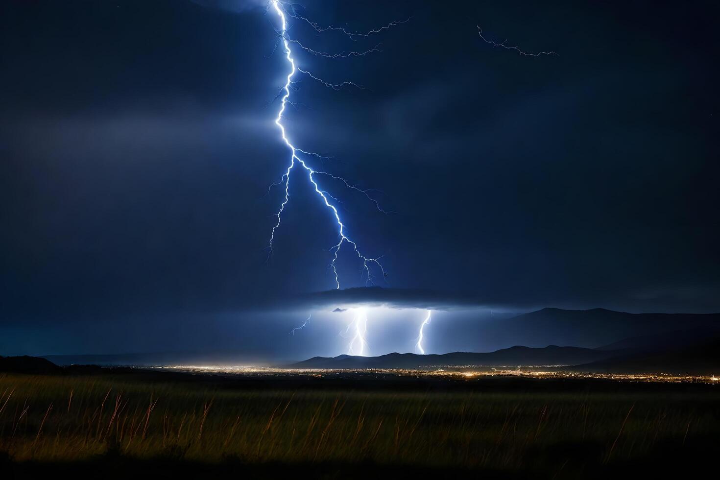 ai généré foudre grèves plus de une champ et montagnes à nuit photo