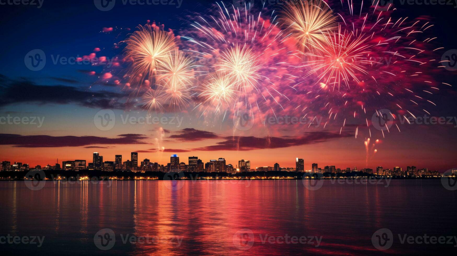 ai généré étourdissant feux d'artifice extravagance au dessus paysage urbain ou Lac pour indépendance journée festivités avec patriotique rouge, blanc, et bleu teintes avec fond pour texte photo