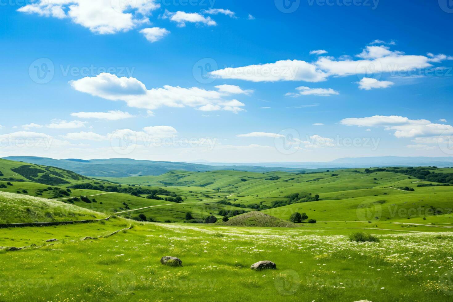 ai généré idyllique irlandais campagne, verdoyant prés et trèfle patchs avec une parfait bleu ciel et copie espace photo