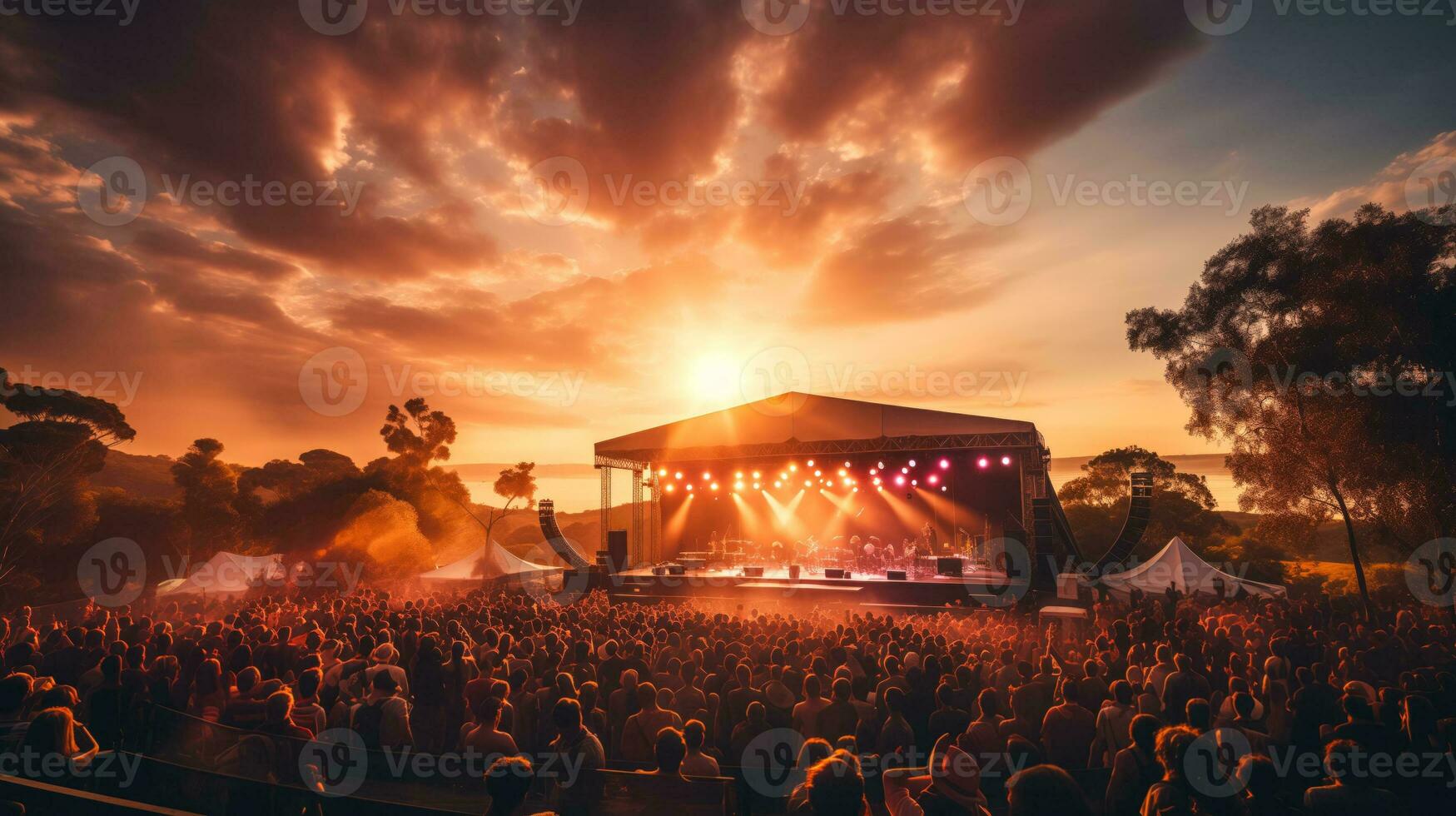 ai généré énergique vivre la musique Festival atmosphère avec enthousiaste foule se délecter dans le coucher du soleil performance en plein air photo