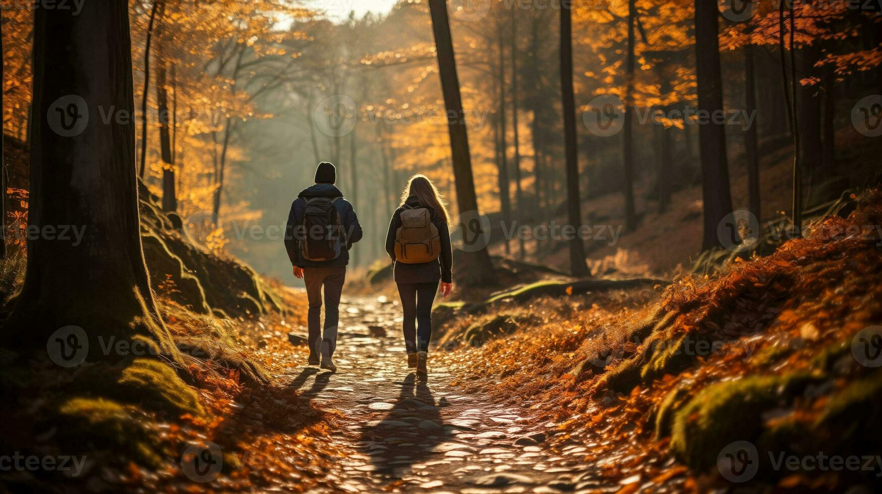 ai généré une photo de randonneurs trekking dans une forêt orné avec en retard tomber feuillage habillé dans confortable tenue et savourer le cool atmosphère contre une pente toile de fond