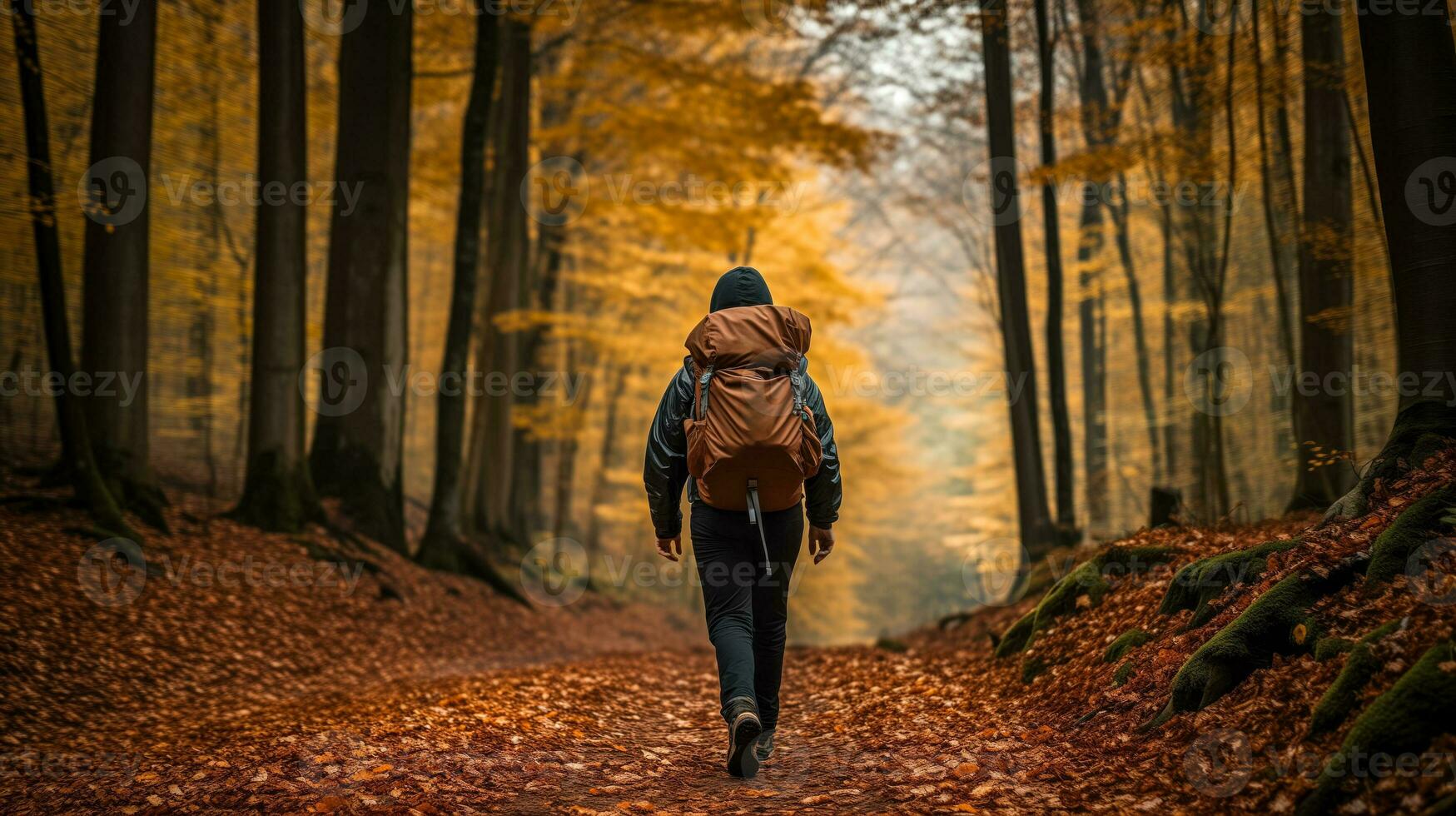 ai généré randonneurs profiter une croustillant l'automne journée parmi vibrant tomber feuillage dans le forêt, habillé dans confortable tenue, ensemble contre une pente Contexte photo