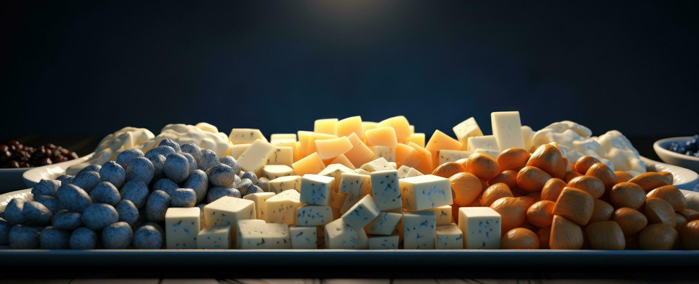 ai généré une plateau avec beaucoup les types de fromage sur il photo