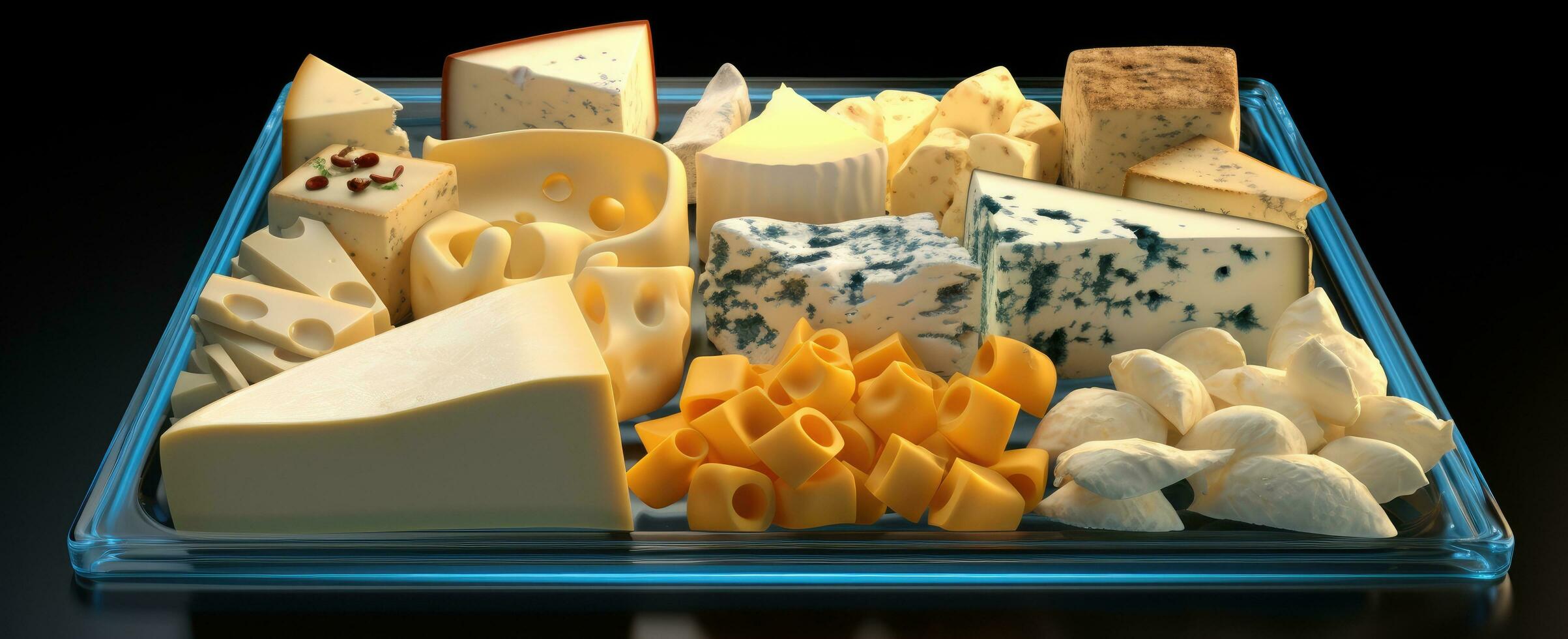 ai généré une plateau avec beaucoup les types de fromage sur il photo