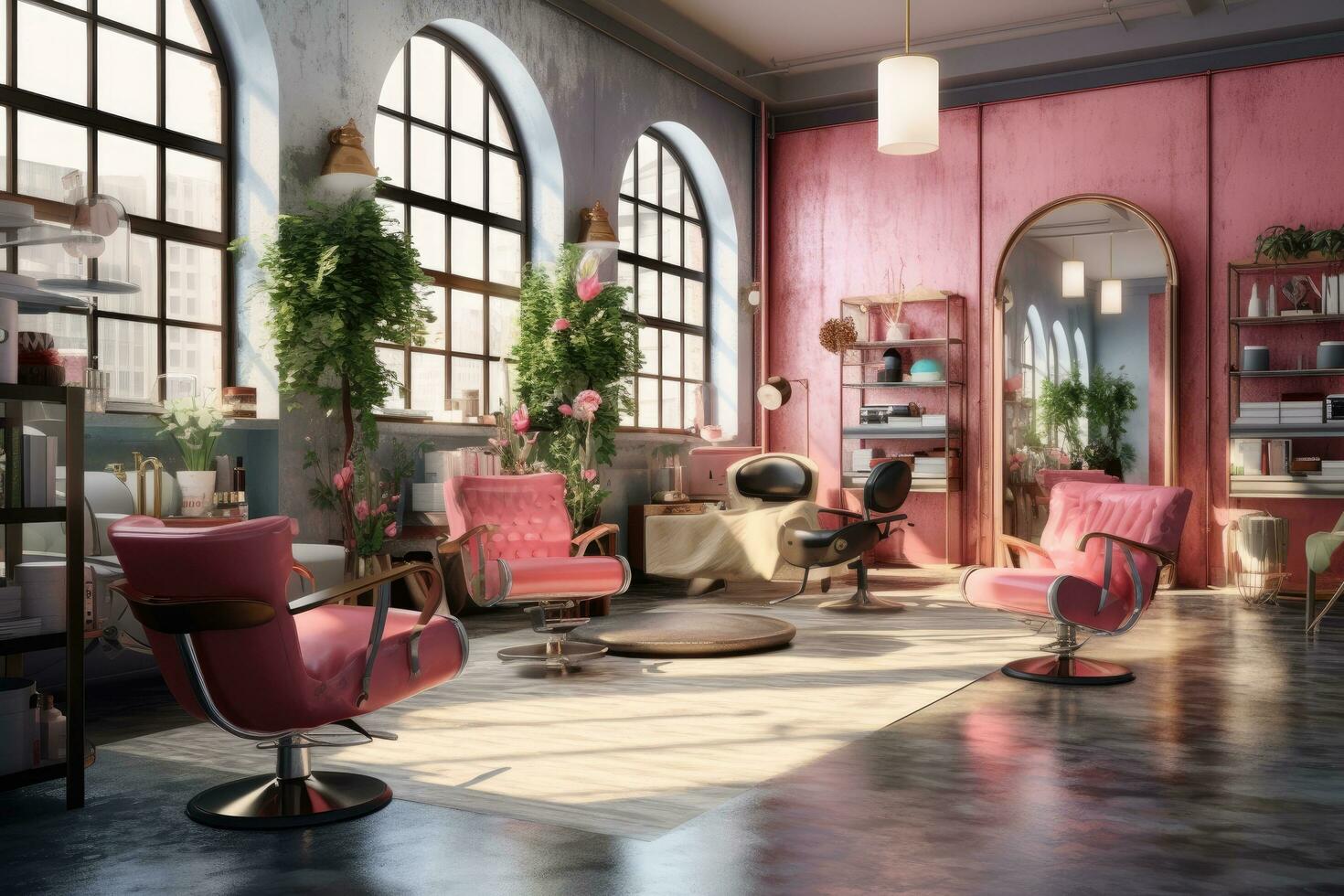 ai généré une salon pièce avec rose meubles et chaises photo