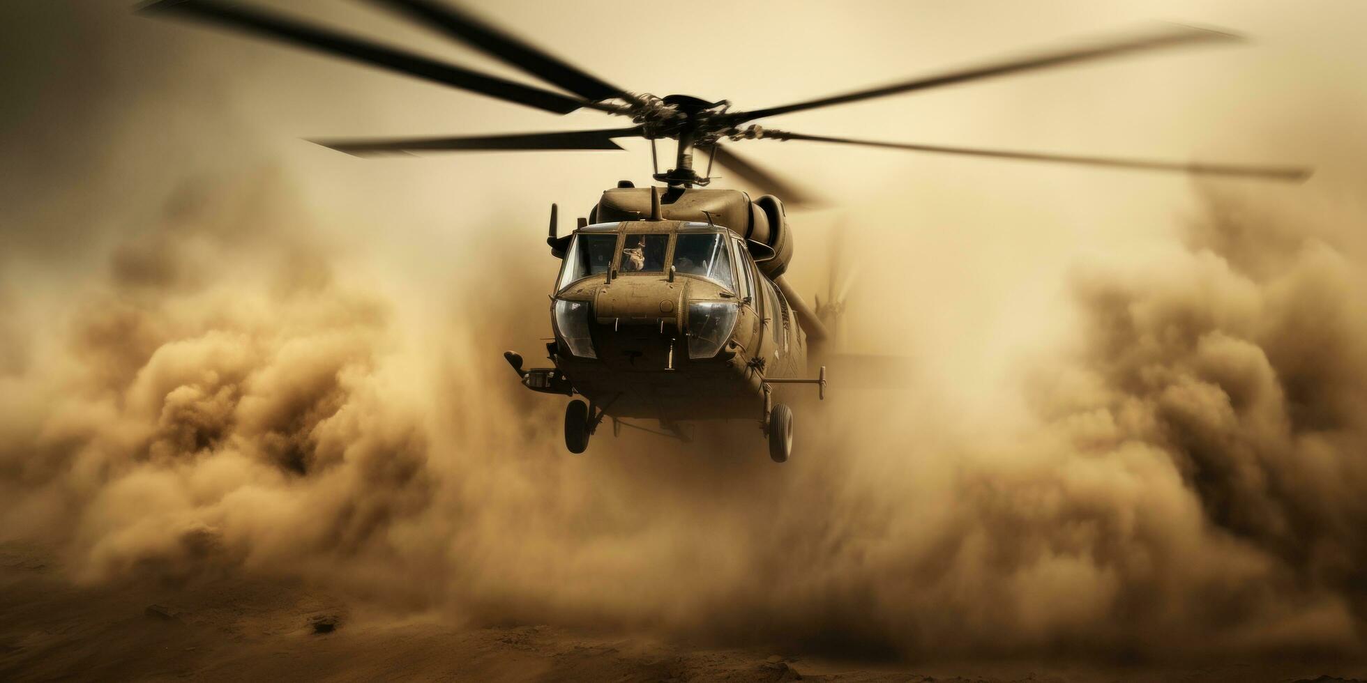 ai généré armé les forces hélicoptère dans une le sable orage photo