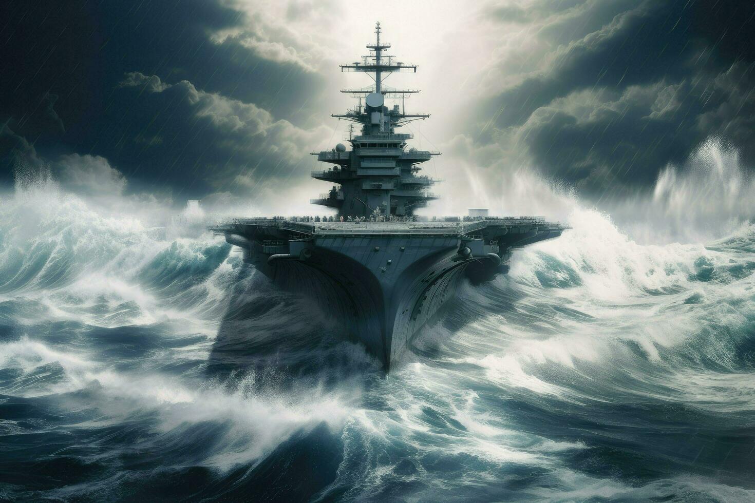 ai généré avion transporteur militaire stratégique bateau, panoramique vue de une générique militaire avion transporteur navire avec combattant jets dans vague mer ai généré photo