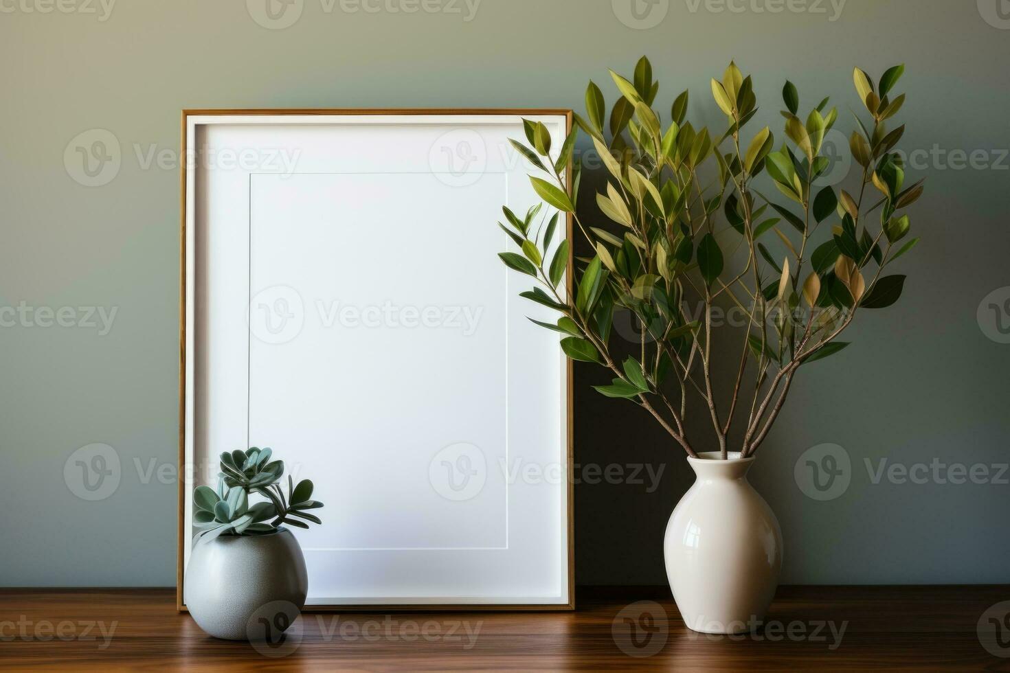 ai généré blanc Cadre maquette avec vert plante dans céramique vase décor photo