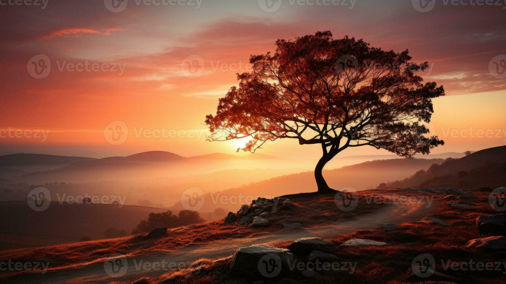 ai généré solitaire arbre contre ardent le coucher du soleil dans serein colline paysage photo