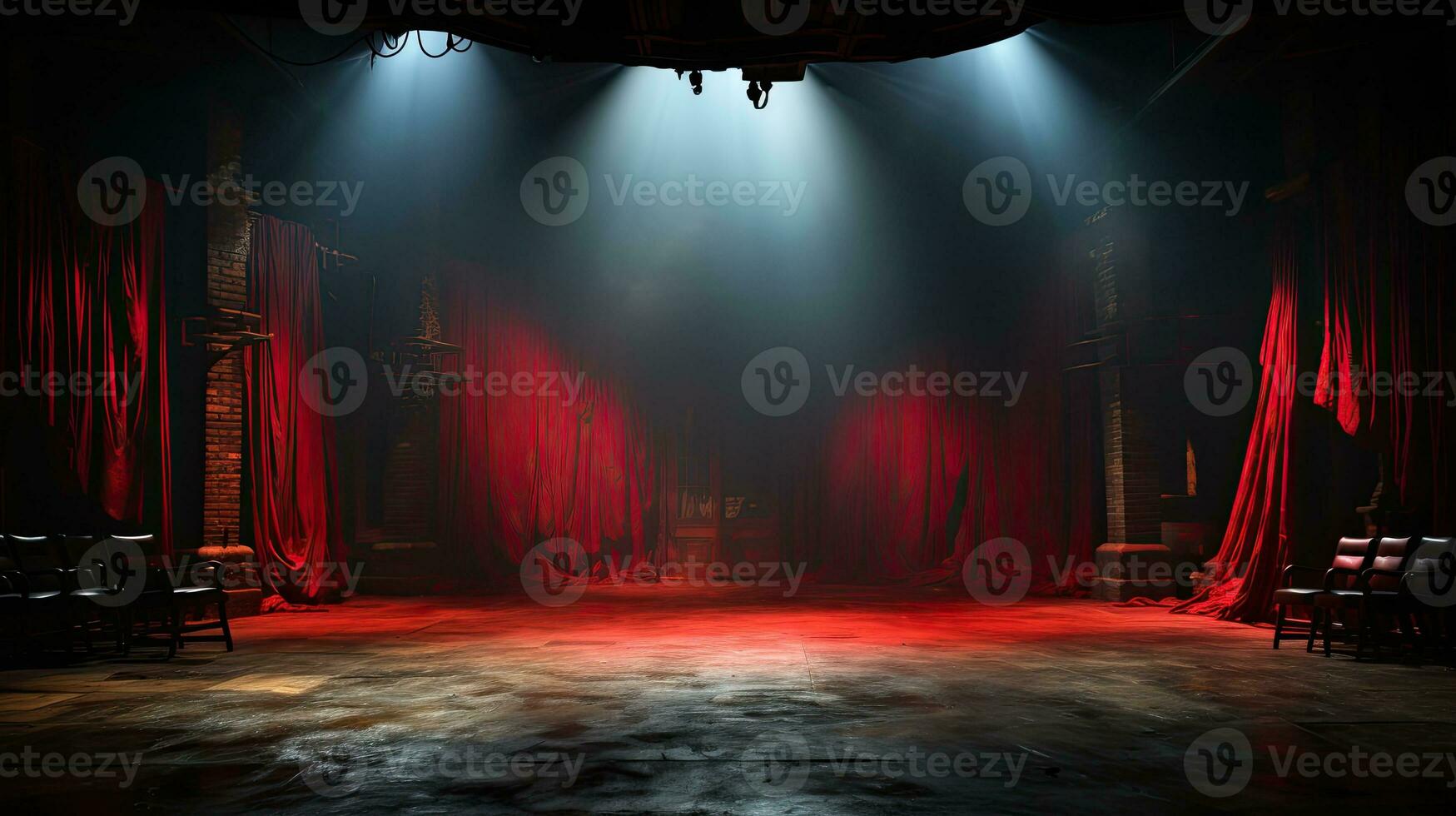 ai généré spectaculaire théâtre étape avec rouge rideaux en dessous de projecteur photo