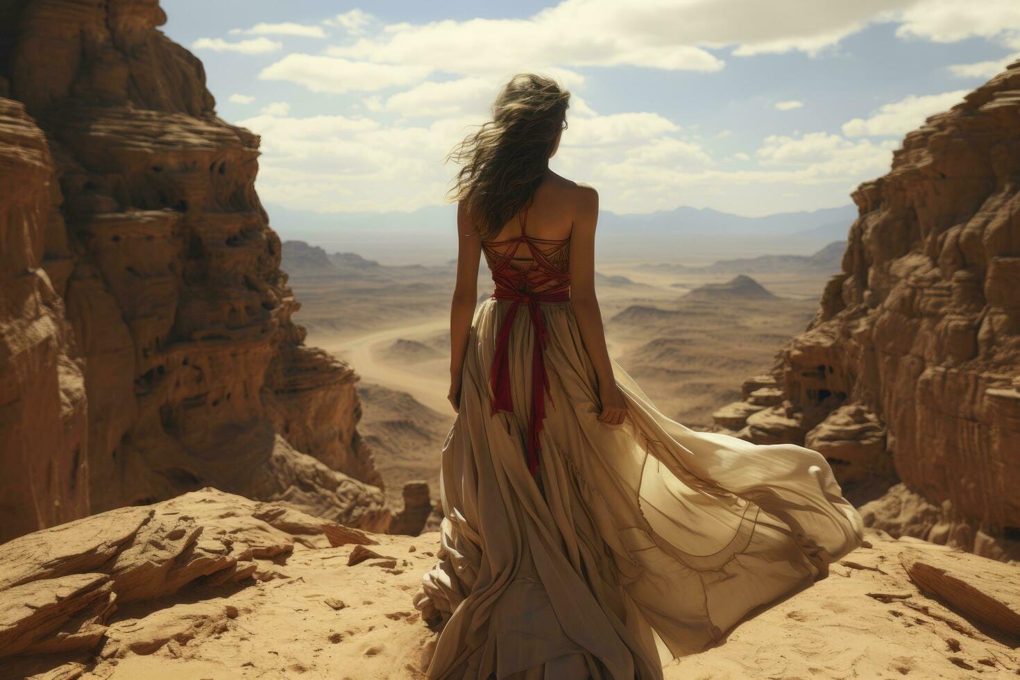 ai généré une femme dans une robe portant une peignoir est permanent dans le désert. génératif ai photo