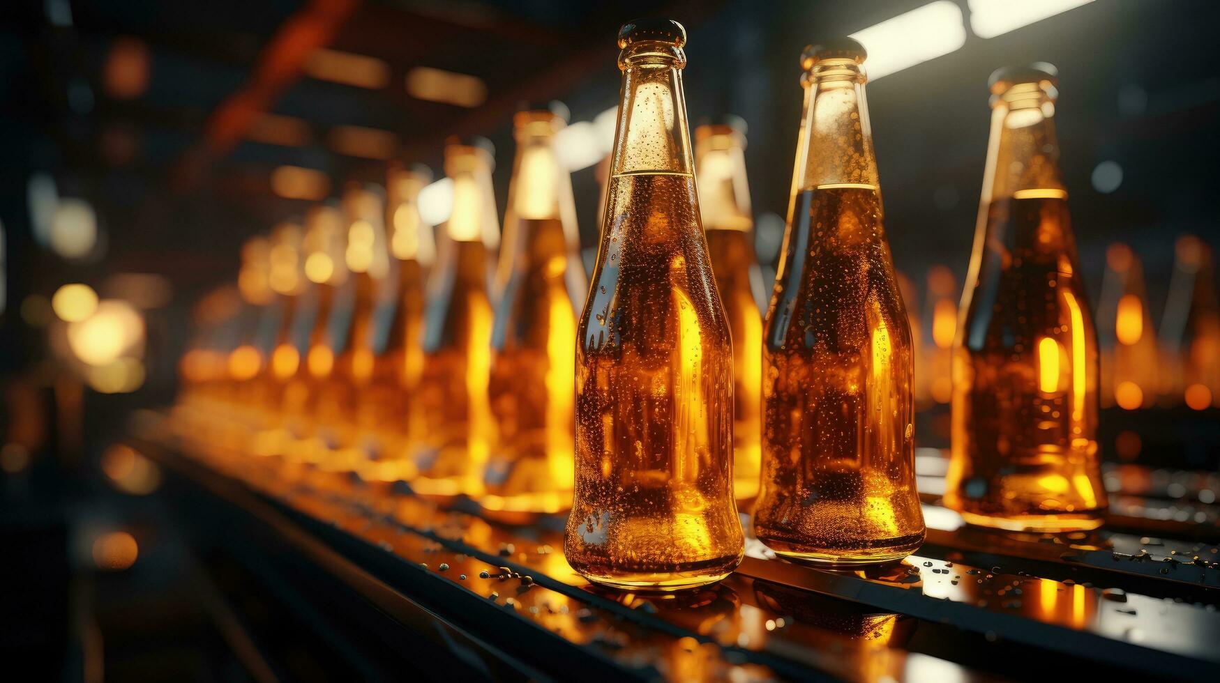 ai généré verre Bière bouteilles sur une embouteillage convoyeur ligne dans une boisson Brasserie ai généré image photo