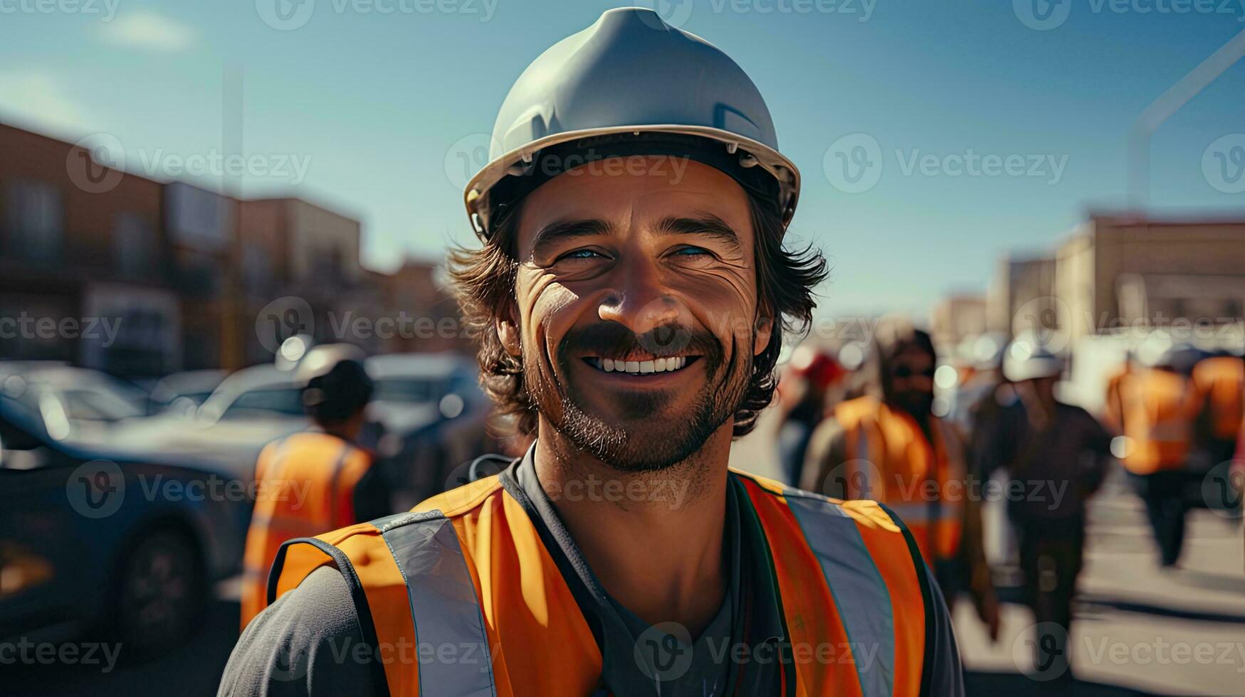 ai généré Masculin ouvrier dans Orange gilet uniforme à travail sur un industriel construction site ai généré image photo