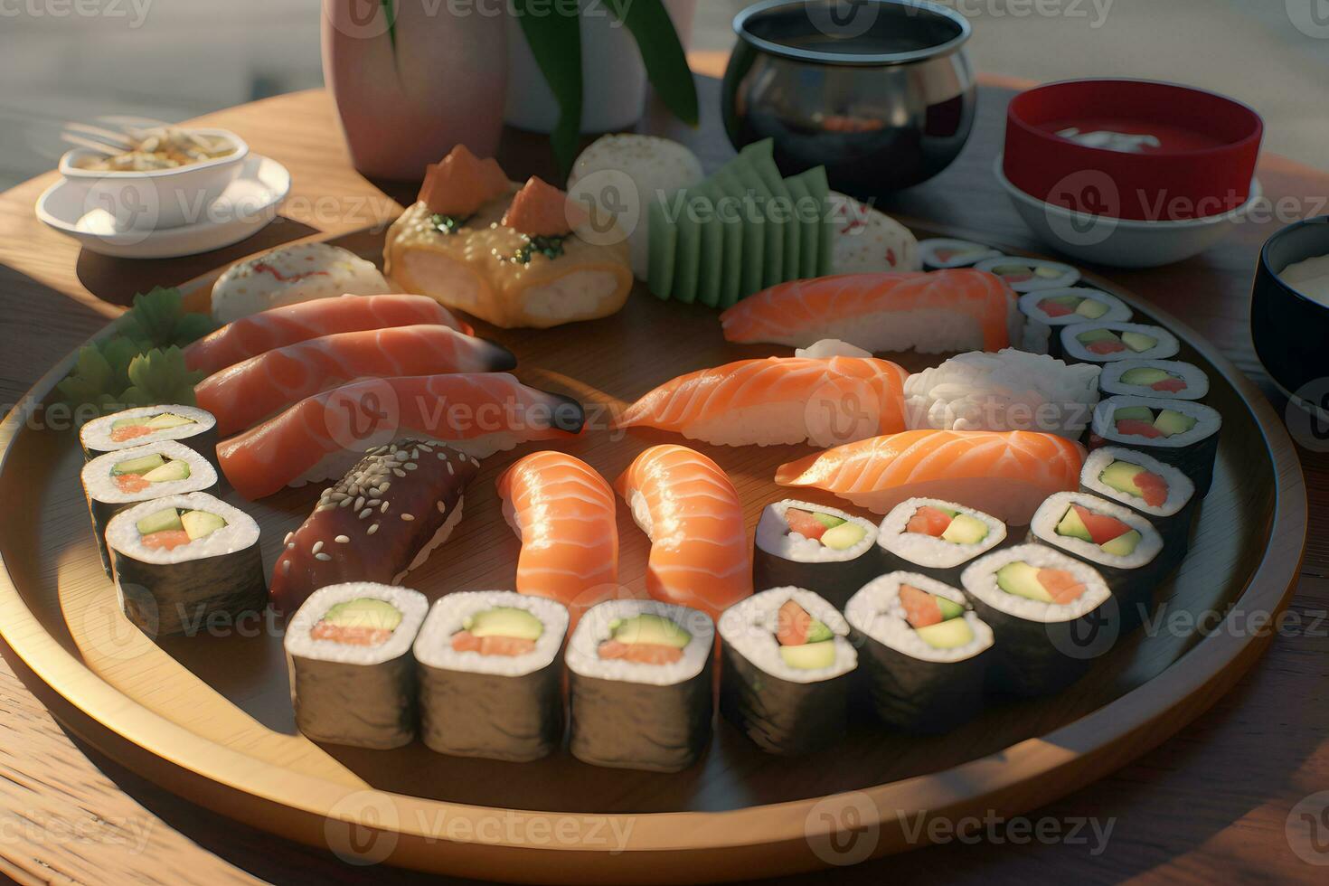 ai généré fermer vue de délicieux Sushi ensemble sur ardoise planches. neural réseau ai généré photo