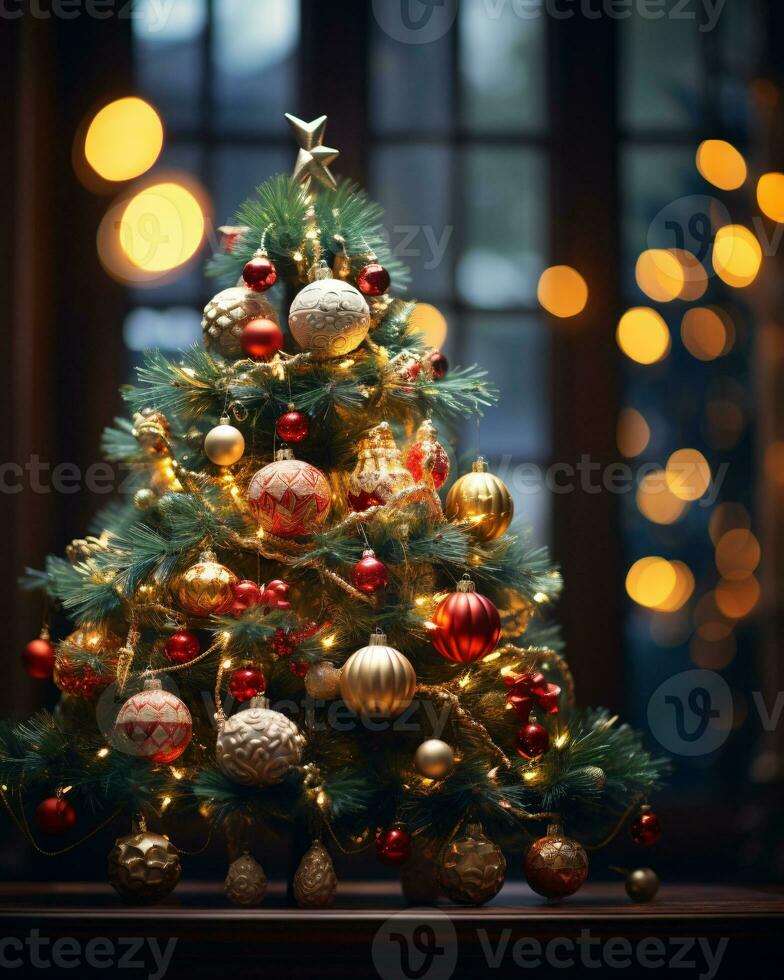 ai généré Noël arbre magnifiquement décoré avec de fête ornements photo