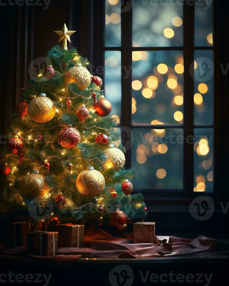 ai généré Noël arbre magnifiquement décoré avec de fête ornements photo