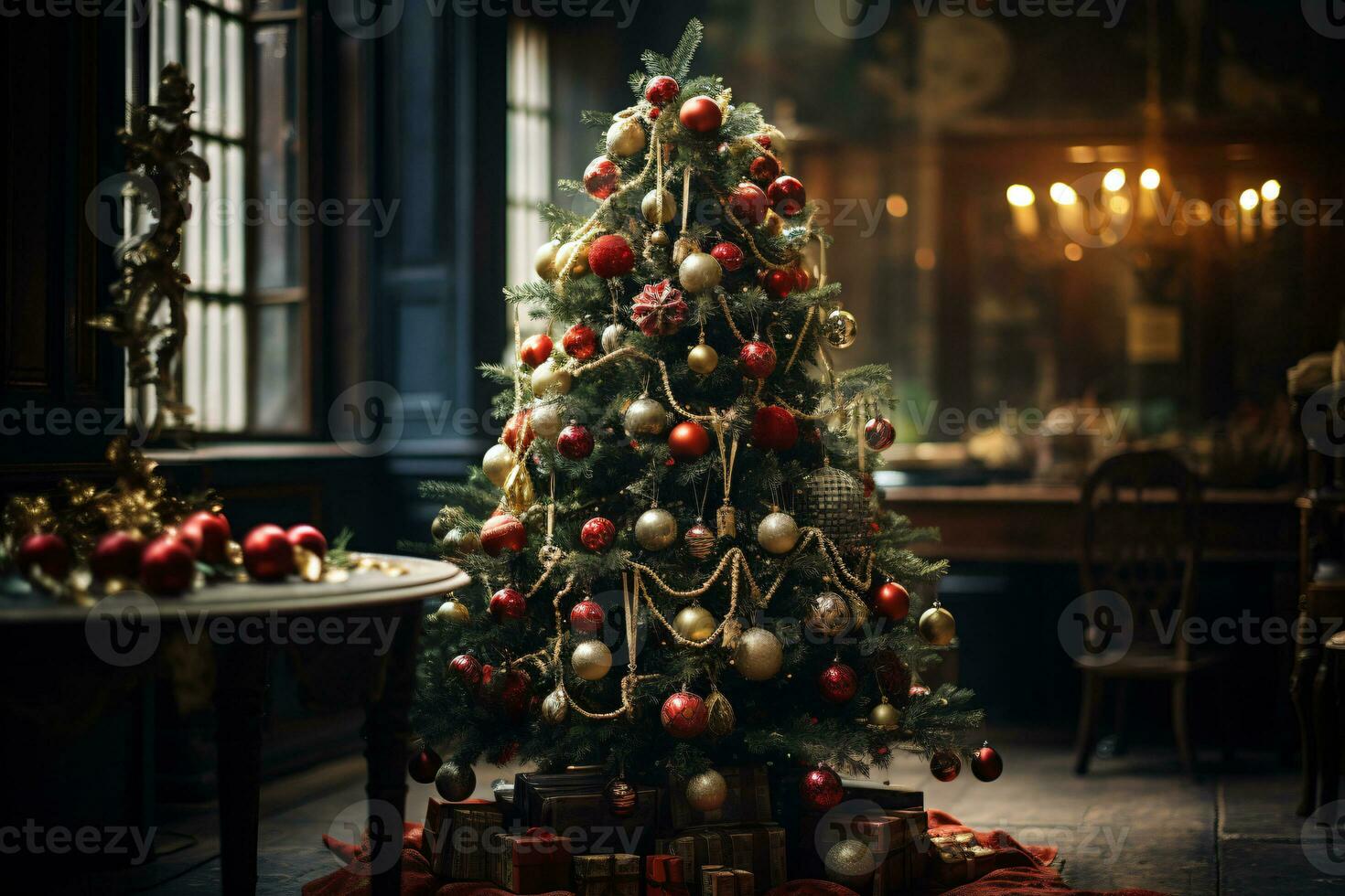 ai généré mettant en valeur une Noël arbre somptueusement décoré avec de fête ornements photo