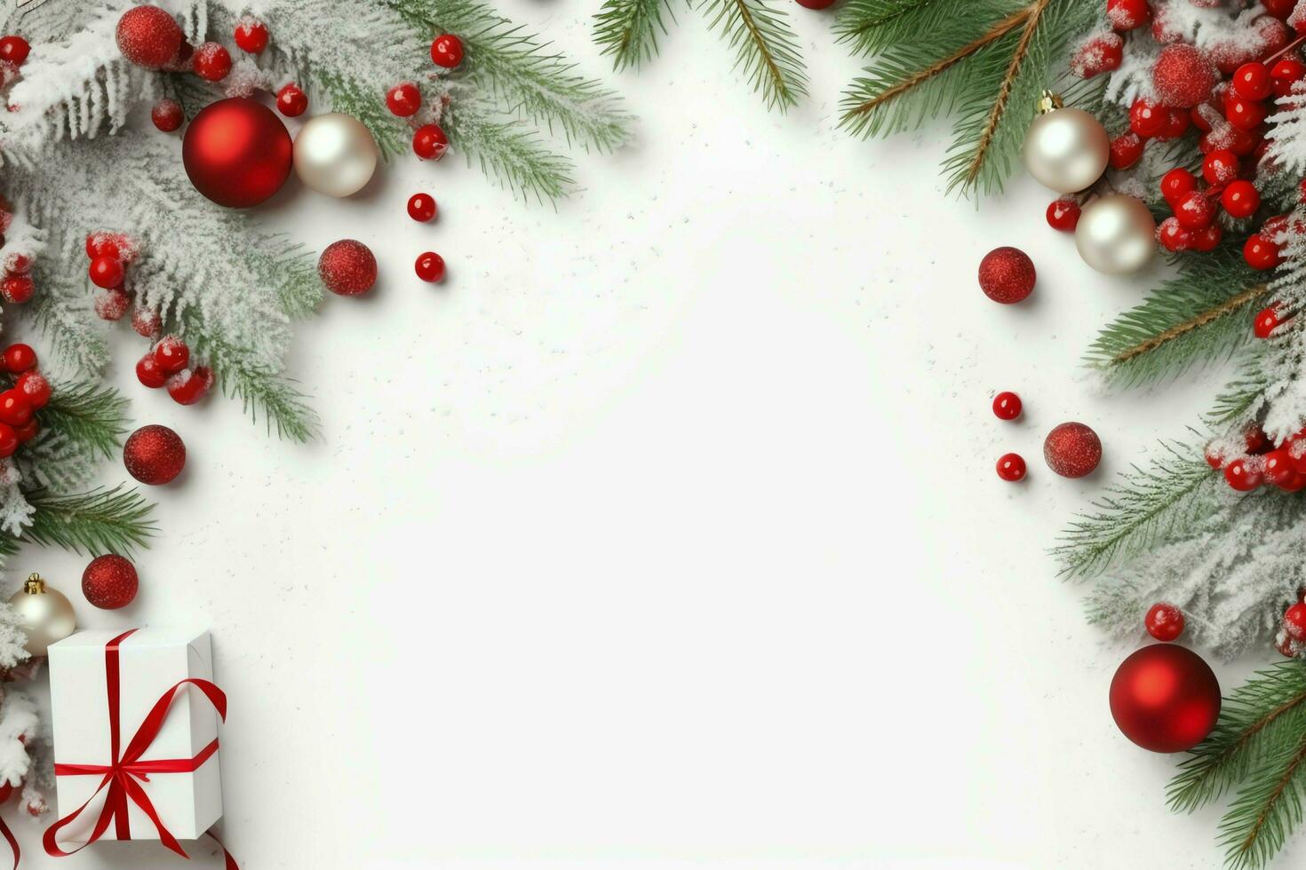Noël composition avec cadeau des boites, carte des balles sapin branches pin cônes avec copie espace. Noël par ai généré photo
