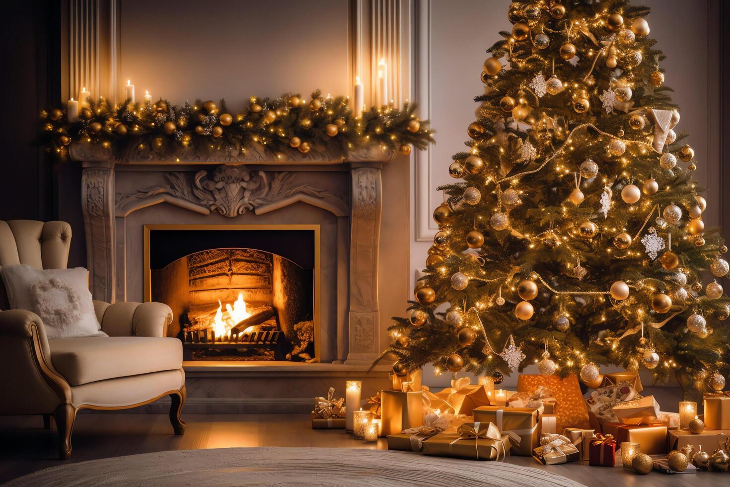 confortable vivant pièce avec cheminée et magnifique Noël arbre dans classique intérieur. intérieur de vivant pièce décoré pour joyeux Noël avec chaussettes, cadeau des boites et Noël accessoires par ai généré photo