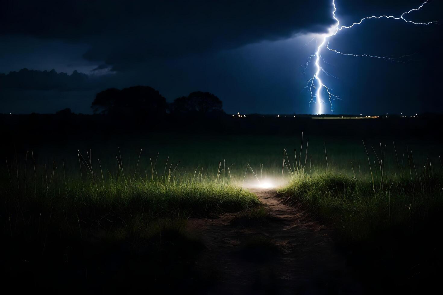 ai généré une foudre boulon est vu dans le ciel plus de une champ photo