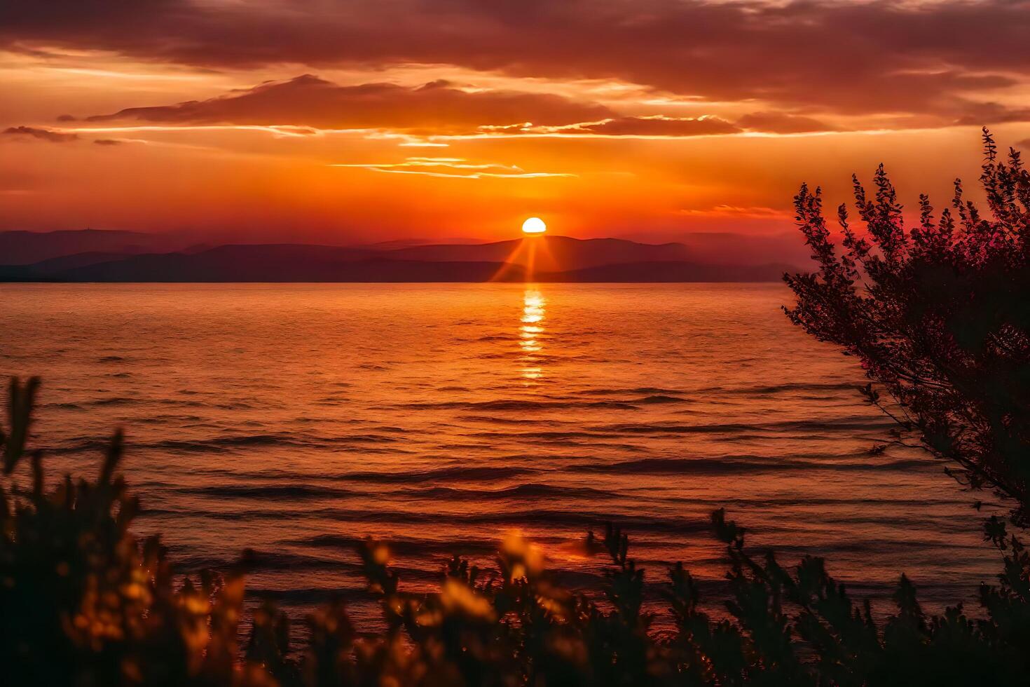 ai généré le Soleil ensembles plus de le l'eau et montagnes photo