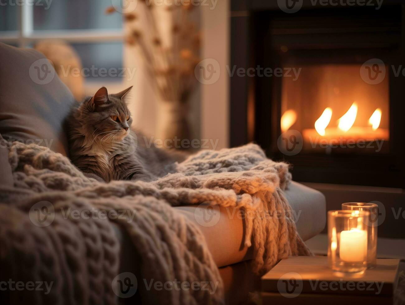 ai généré une magnifique confortable hiver ou l'automne intérieur dans beige. une chat dans une plaid sur le canapé, brûlant bougies, cheminée. le concept de confort. photoréaliste. ai généré. photo