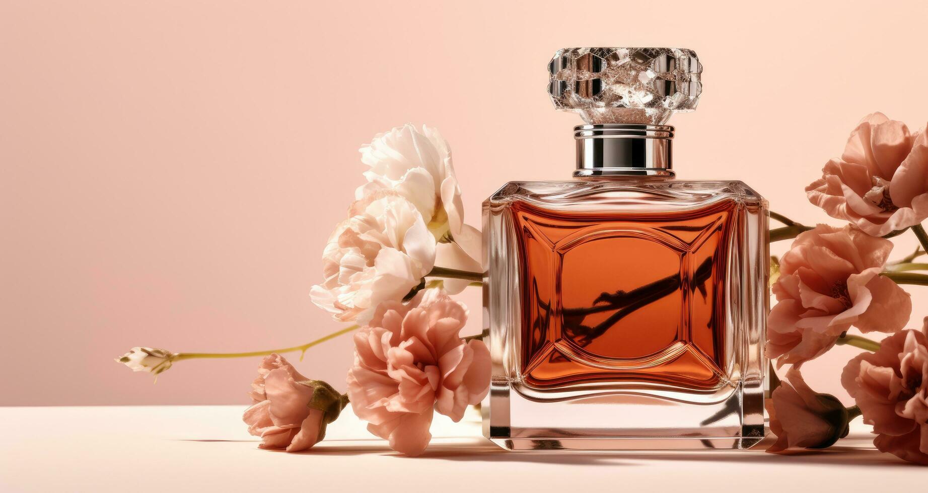 ai généré une bouteille de parfum avec fleurs sur une rose Contexte photo