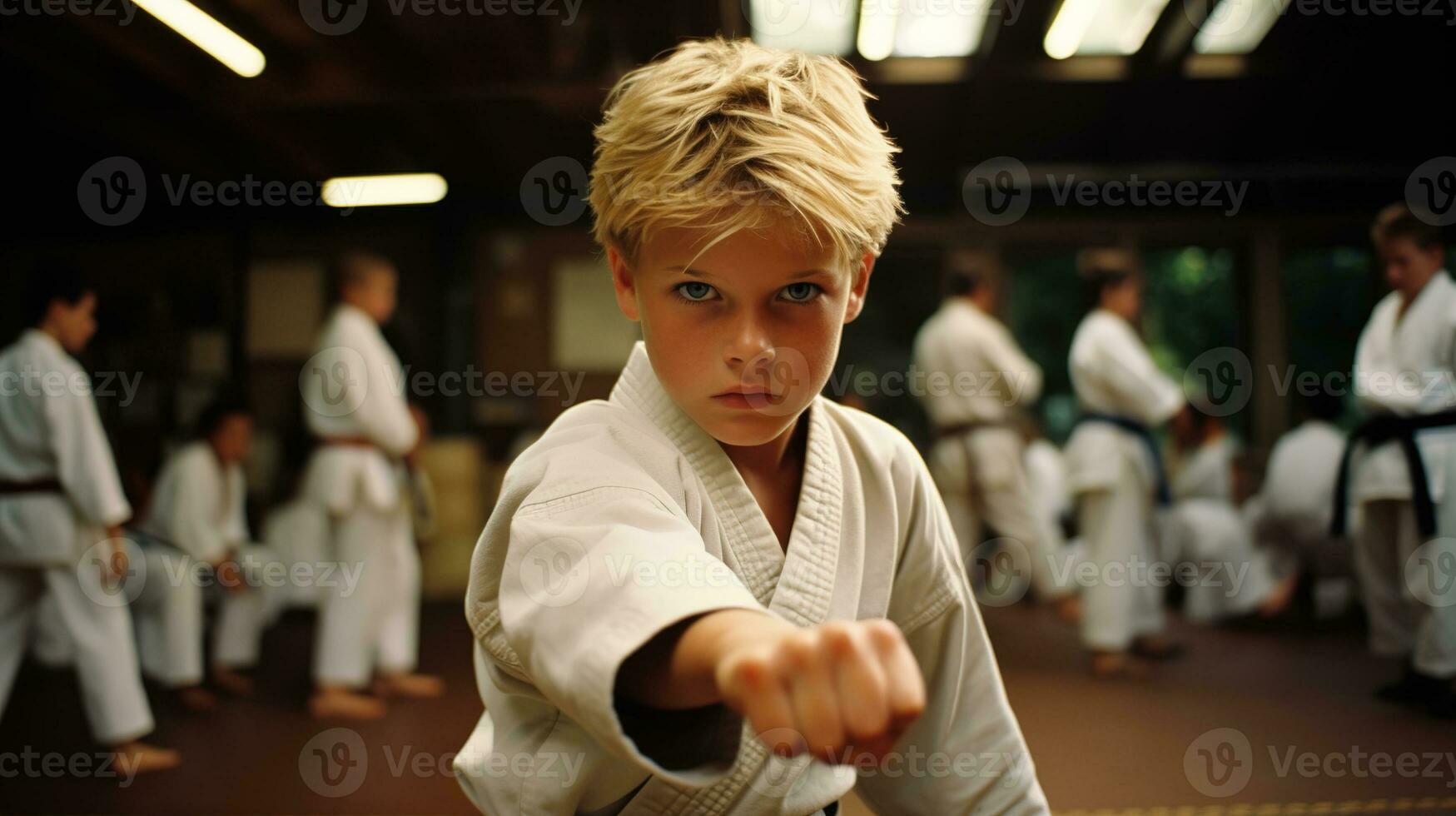 ai généré génératif ai, enfant habillé dans une blanc karaté kimono, entraine toi taekwondo, karaté, judo photo