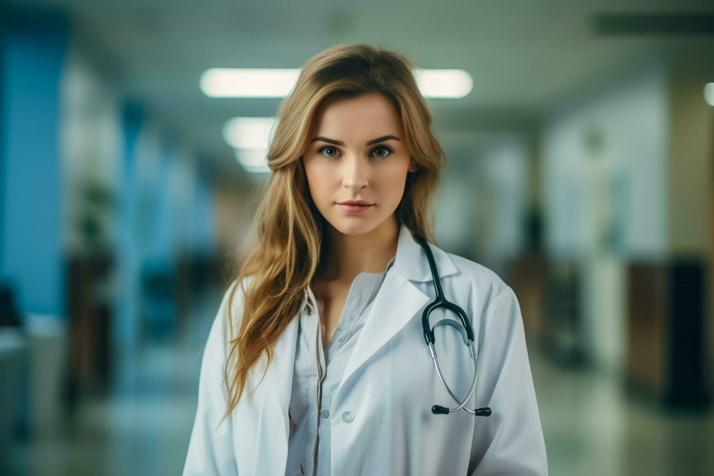 ai généré médical concept magnifique femelle médecin dans blanc manteau, stéthoscope, hôpital fond.ai généré photo