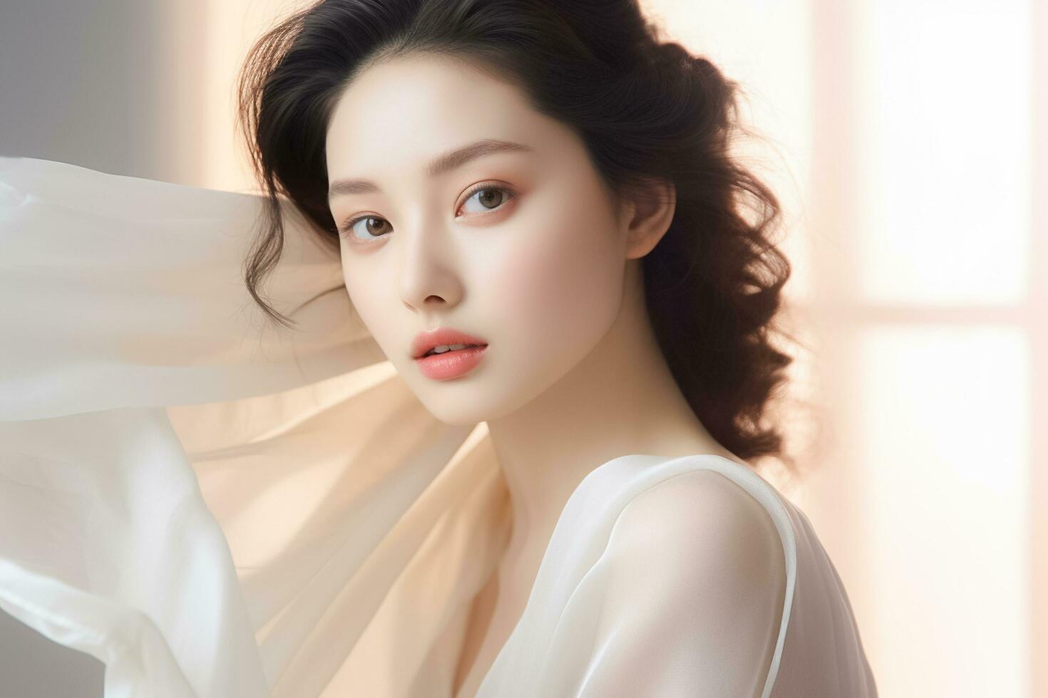 ai généré beauté asiatique modèle femme soin de la peau et maquillage avec en bonne santé faciale peau sur vide espace. ai généré photo