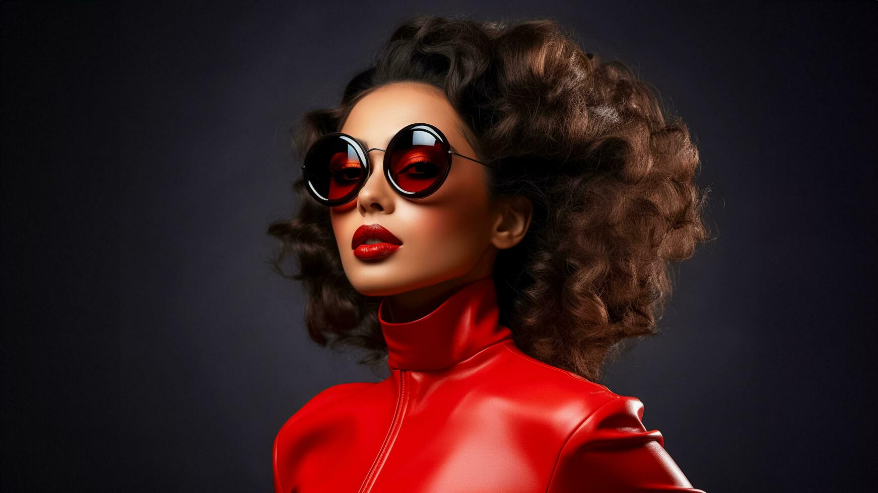 ai généré photo portrait de cool femme avec des lunettes de soleil et noir veste sur rouge Contexte ai généré