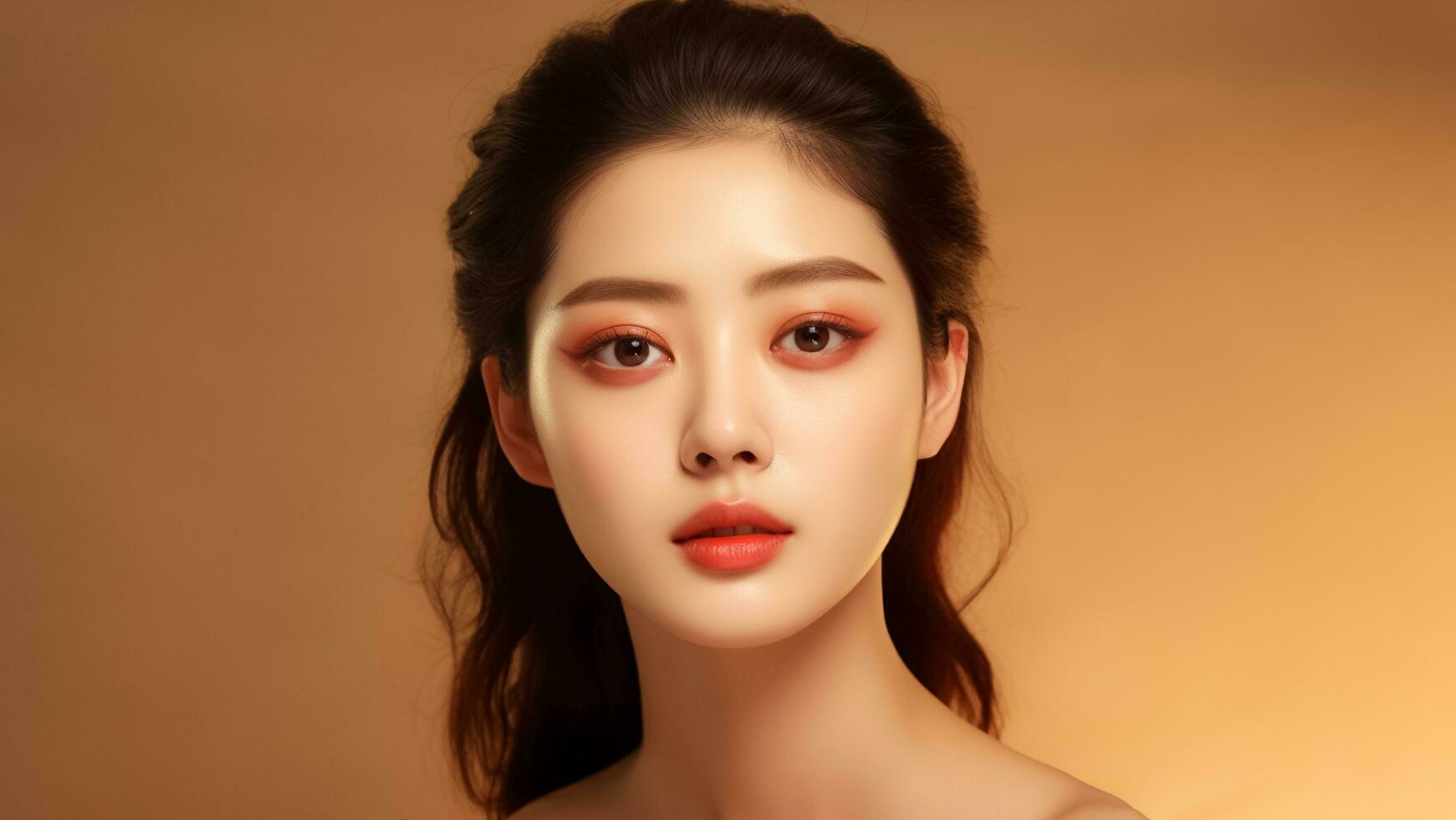 ai généré beauté asiatique modèle femme soin de la peau et maquillage avec en bonne santé faciale peau sur vide espace. ai généré photo