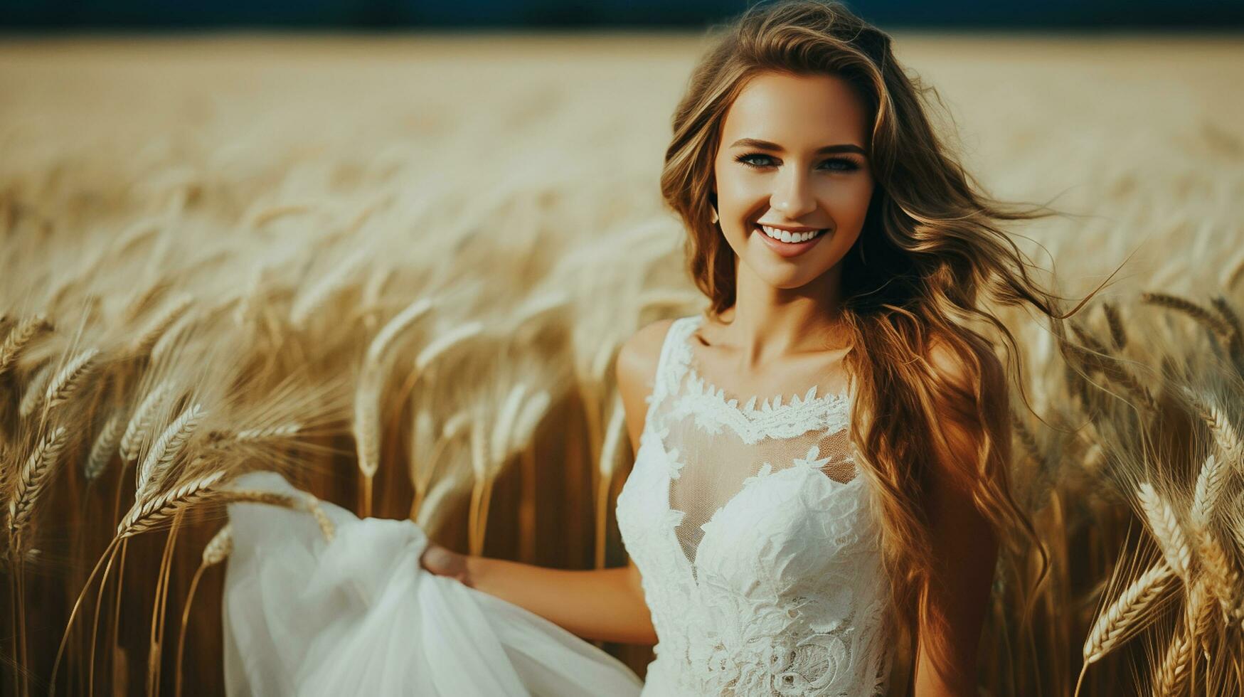 ai généré magnifique femme avec blond cheveux content et souriant dans une blanc robe sur une blé champ ai généré photo