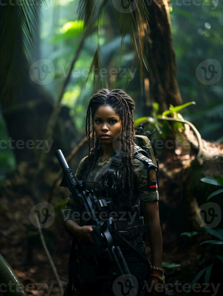 ai généré peau foncée Jeune fille dans plein longueur militaire uniforme avec arme dans main dans le jungle. alimenté par artificiel intelligence. photo