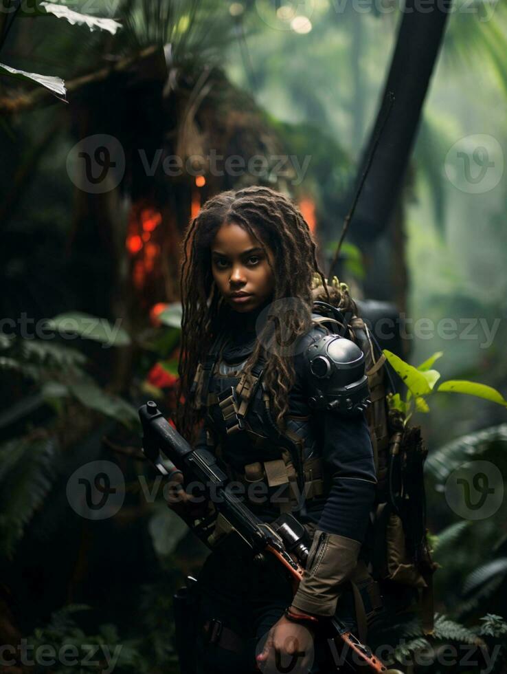 ai généré peau foncée Jeune fille dans plein longueur militaire uniforme avec arme dans main dans le jungle. alimenté par artificiel intelligence. photo