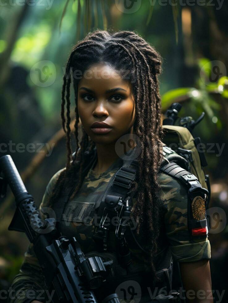 ai généré peau foncée Jeune fille dans plein longueur militaire uniforme avec arme dans main dans le jungle. alimenté par artificiel intelligence. photo