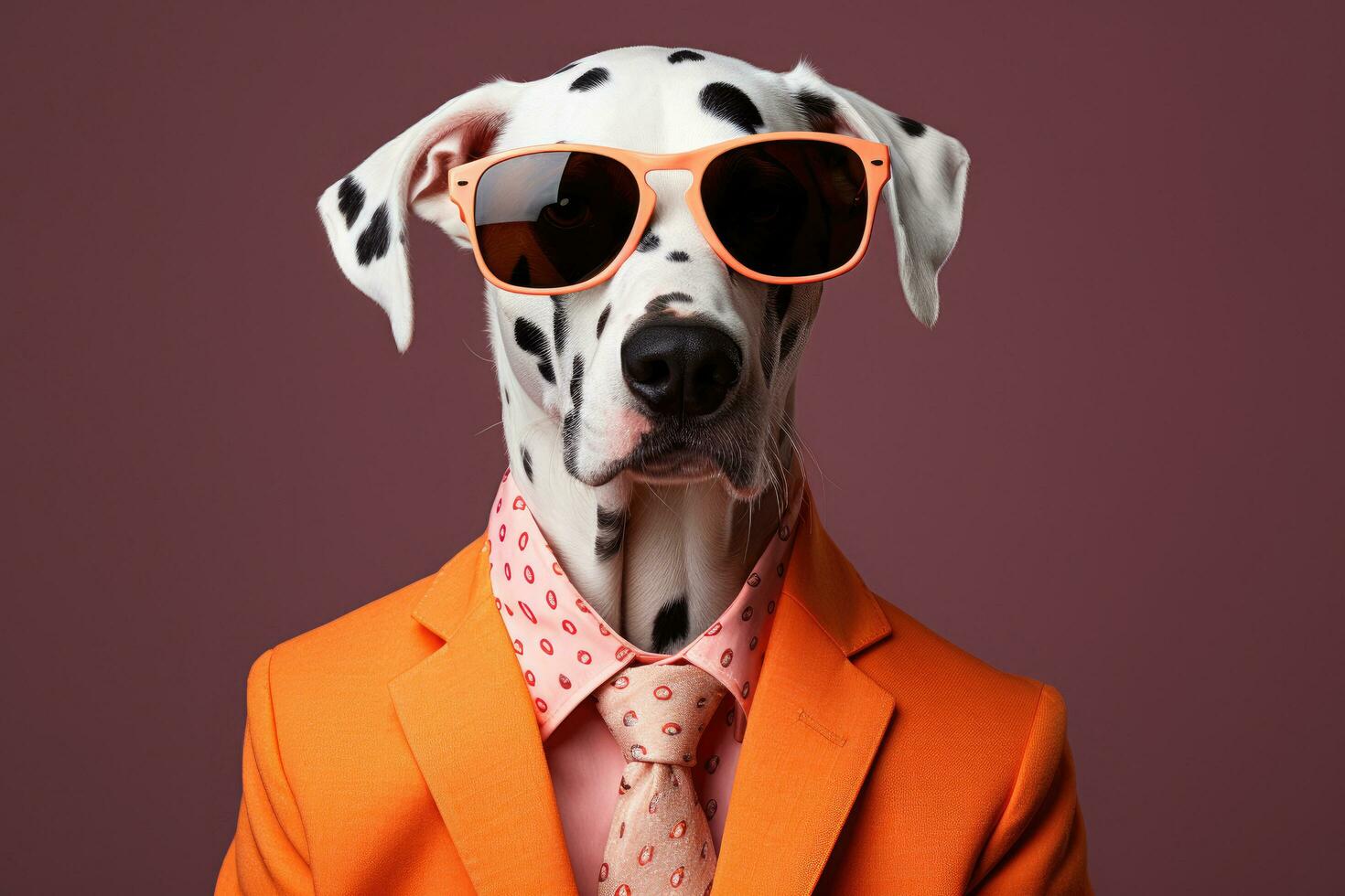 ai généré une dalmatien est portant des lunettes de soleil et une rose et Orange costume photo