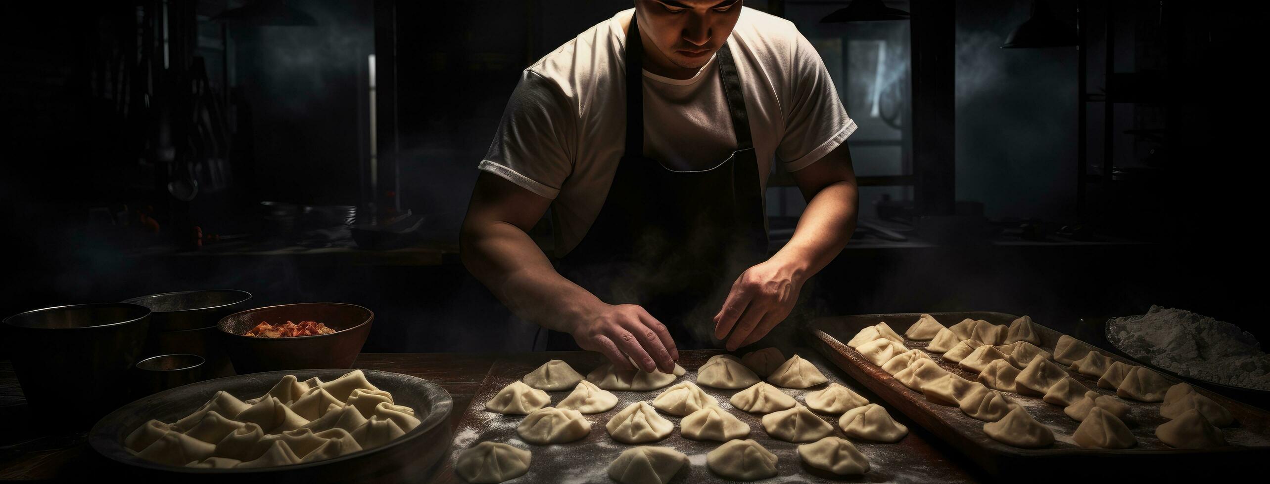 ai généré une cuisine ouvrier est en train de préparer Dumplings photo