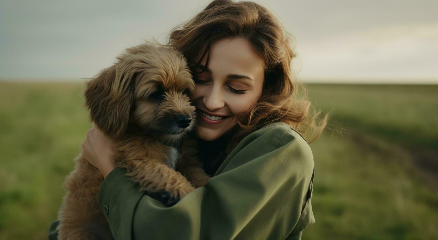 ai généré une femme étreindre sa chien sur une vert champ photo