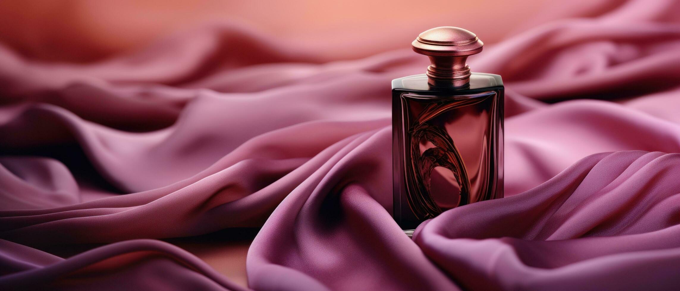 ai généré parfum bouteille sur une Contexte de rose soie en tissu photo