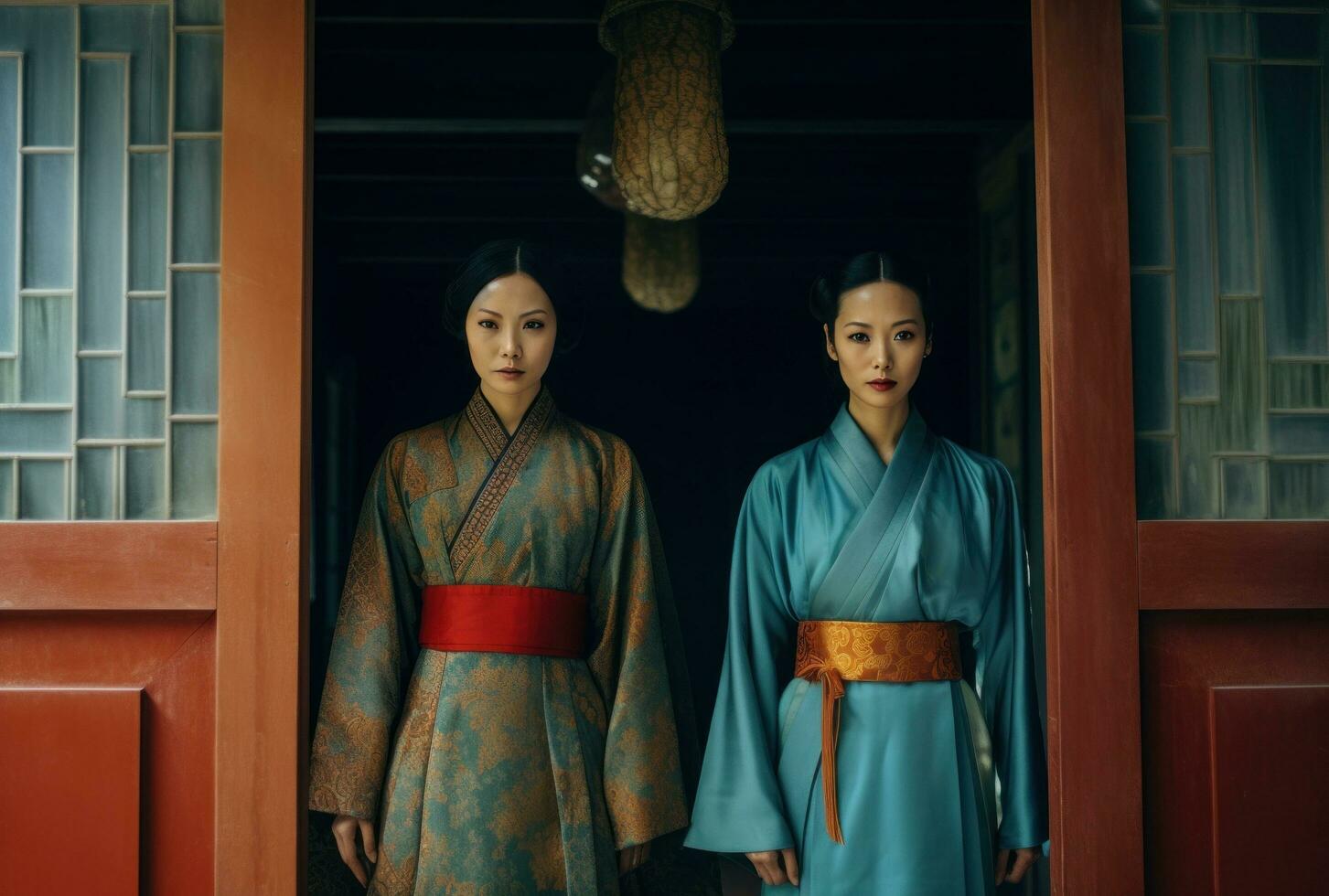 ai généré deux asiatique femmes habillé dans Robes sont permanent à l'extérieur une bleu porte photo