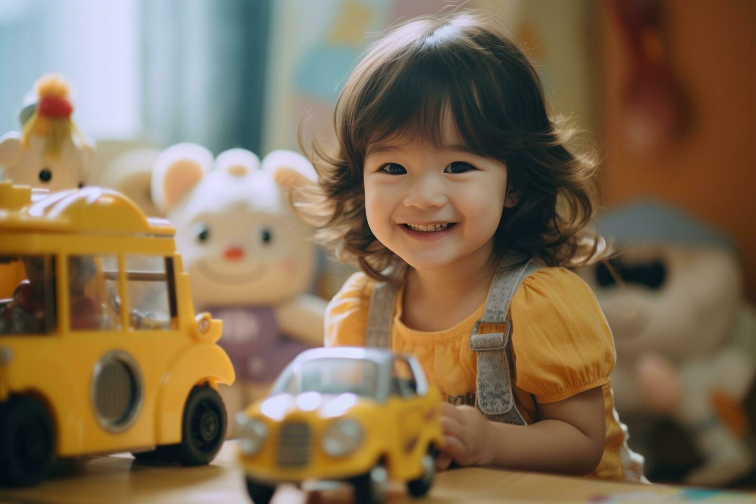 ai généré le le plus doux tout-petit, cette fille, est en jouant avec sa jouets et souriant photo