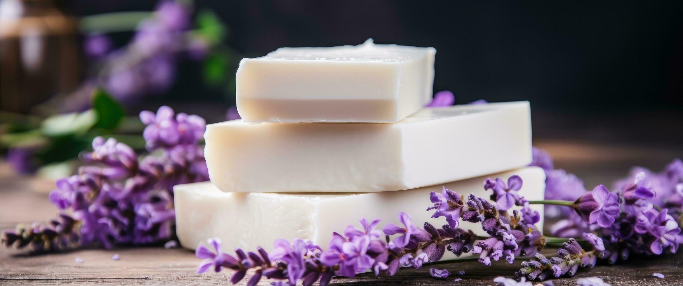 ai généré une empiler de blanc savon blocs arrangé sur une table avec violet fleurs photo