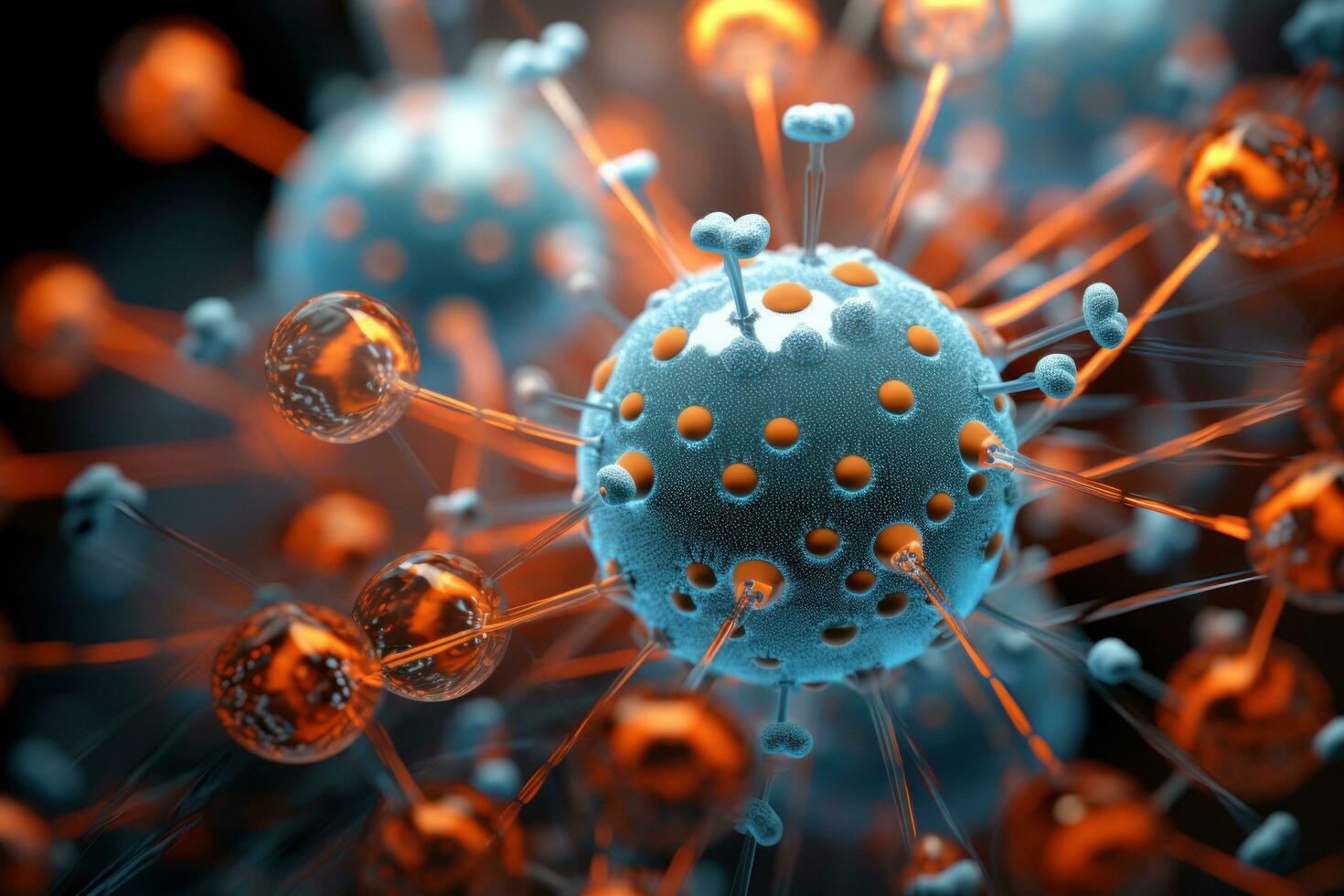 ai généré une viral cellule est montré étant couvert avec divers petit métal des balles photo